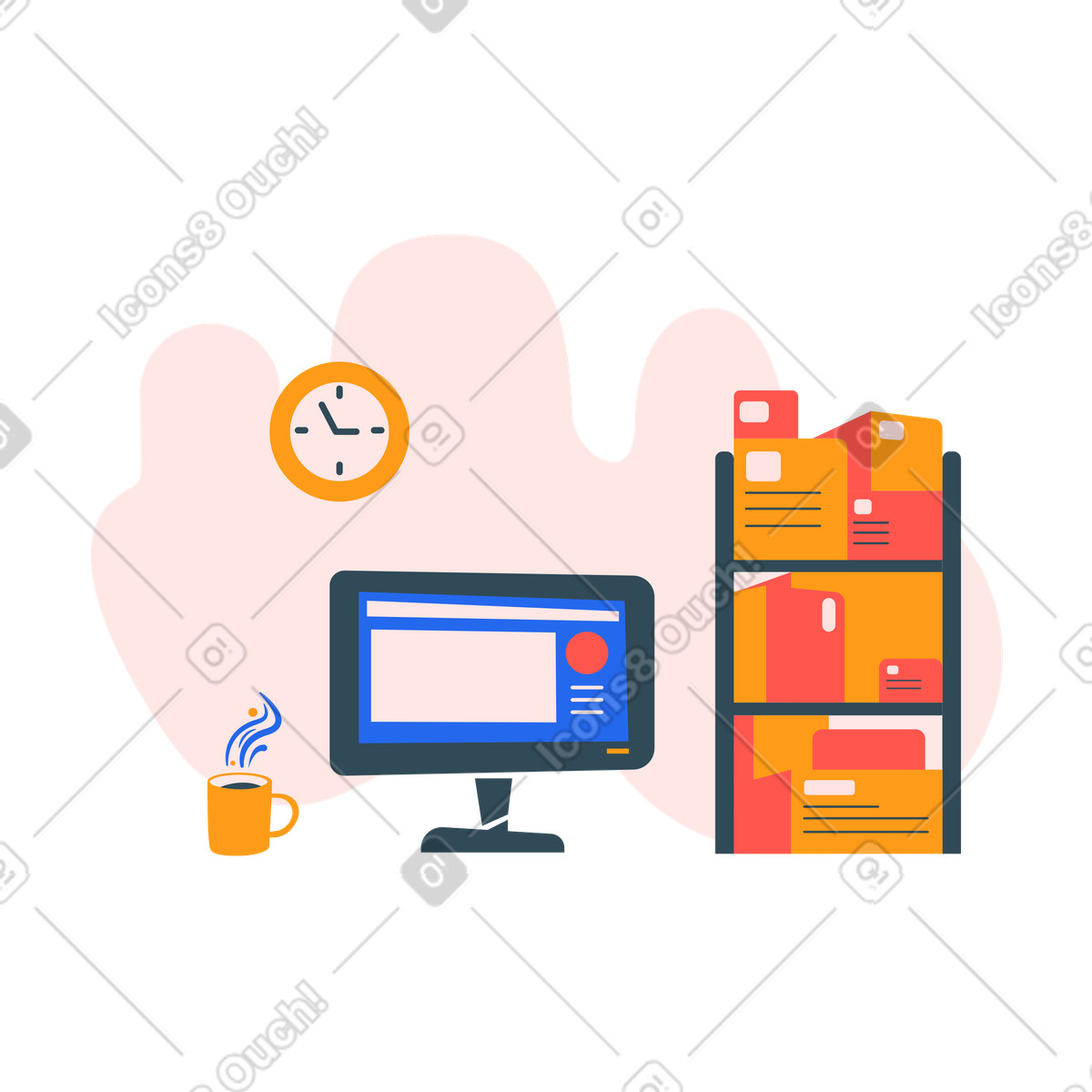 Ufficio con scatole di imballaggio, monitor del pc, orologio e tazza da caffè illustrazione in stile Kingdom scarica in PNG, SVG