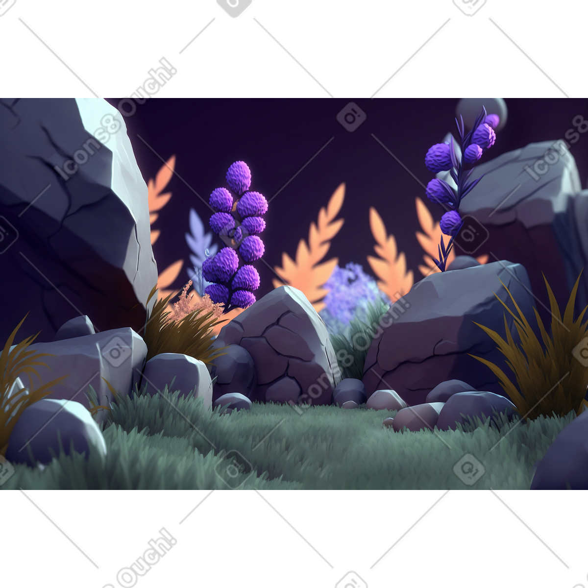 Illustration Composition de nuit avec fond plantes et rochers dans le style Experimental à télécharger aux formats PNG, SVG