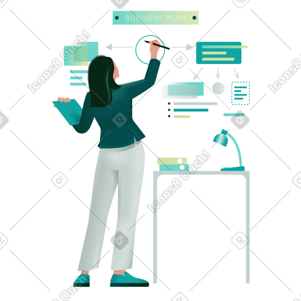 Ilustración Businesswoman creating business plan structure, Project planning and process management en estilo Office a descargar en PNG y SVG