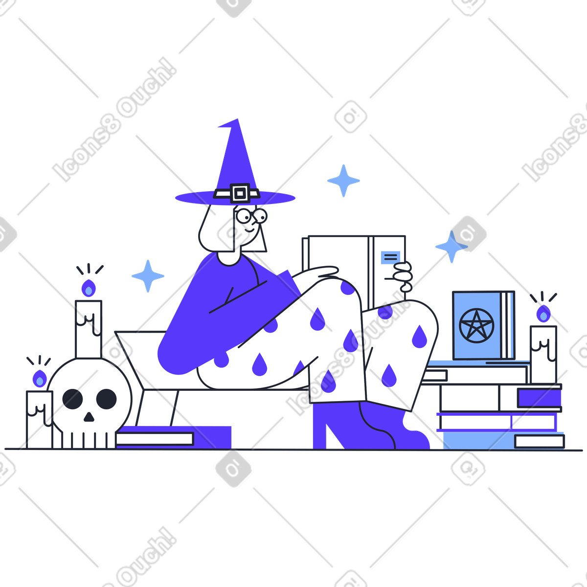 Young witch studying magic by books illustration in Pablita style download in PNG, SVG