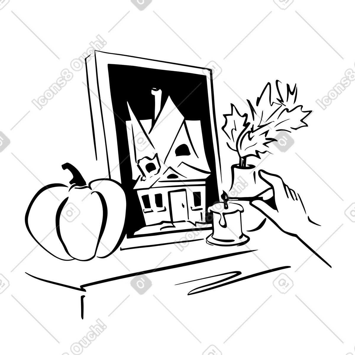 Still life with painting, pumpkin, candle and hand vase illustration in Line style download in PNG, SVG