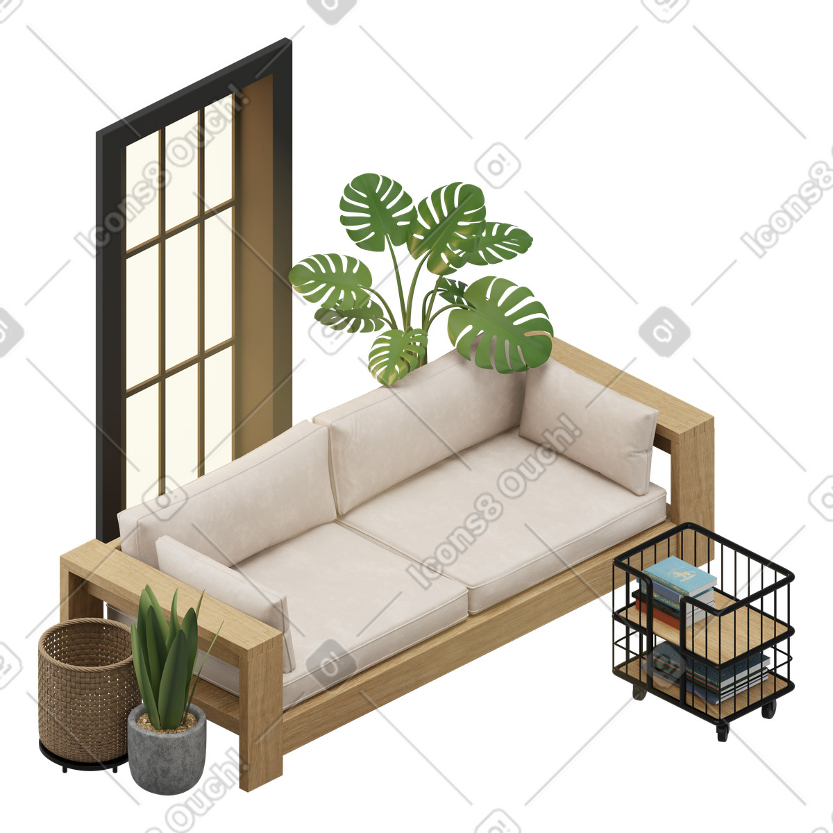 Isometric sofa by the window illustration in 3D Rooms style download in PNG, SVG