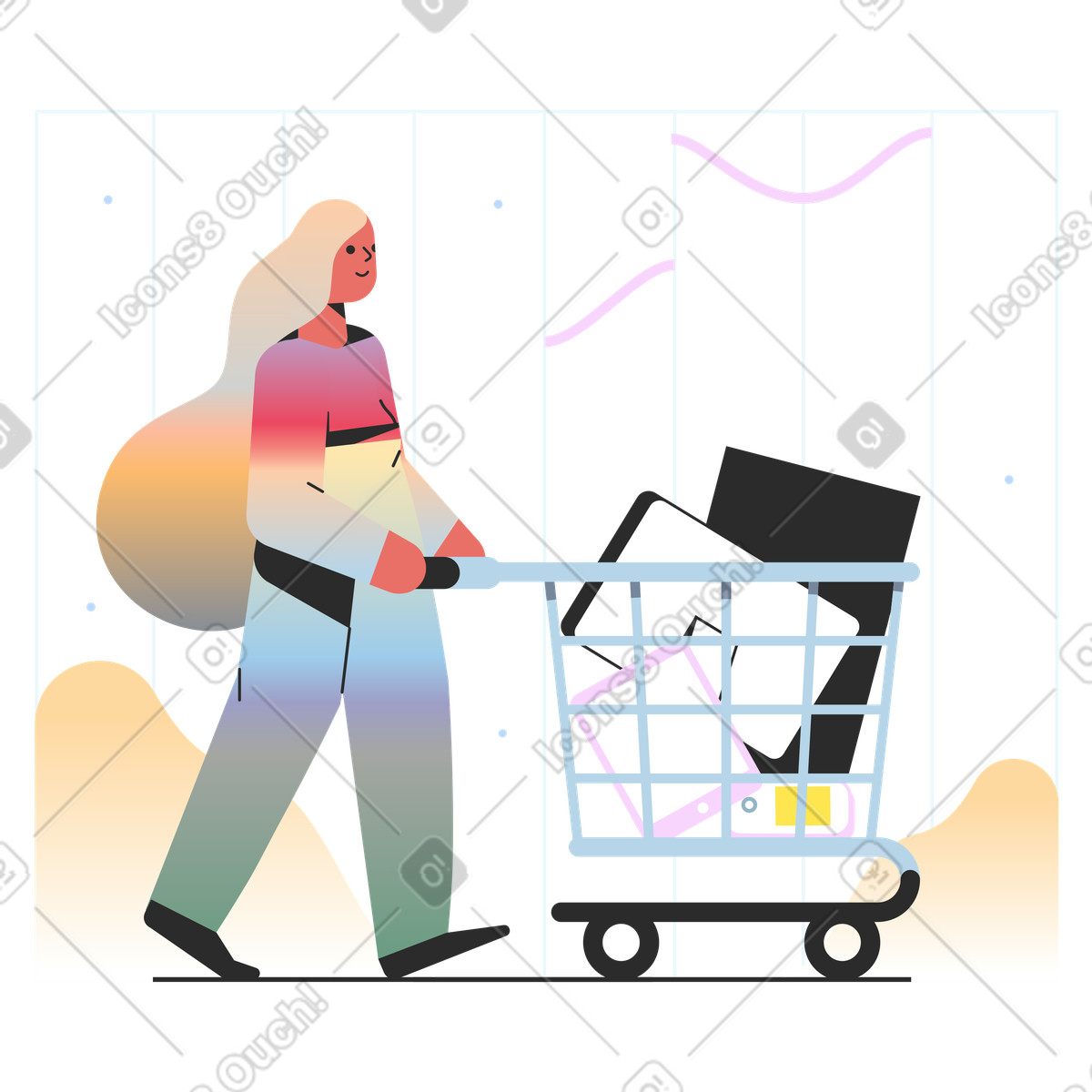 Illustration Une femme achète des appareils pendant le black friday dans style Marginalia à télécharger aux formats PNG, SVG