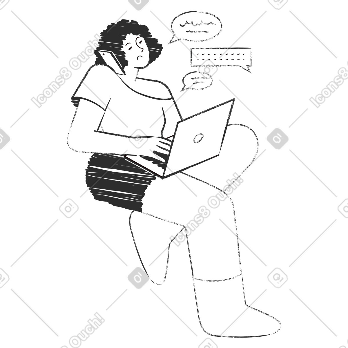 Professional talking on phone and typing, remote work flexibility communication illustration in Graphite style download in PNG, SVG