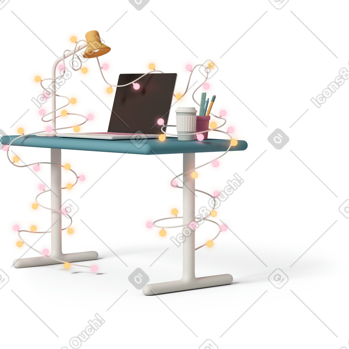 3D Casual life 스타일의 Workplace with laptop decorated garland 일러스트레이션 PNG, SVG 다운로드