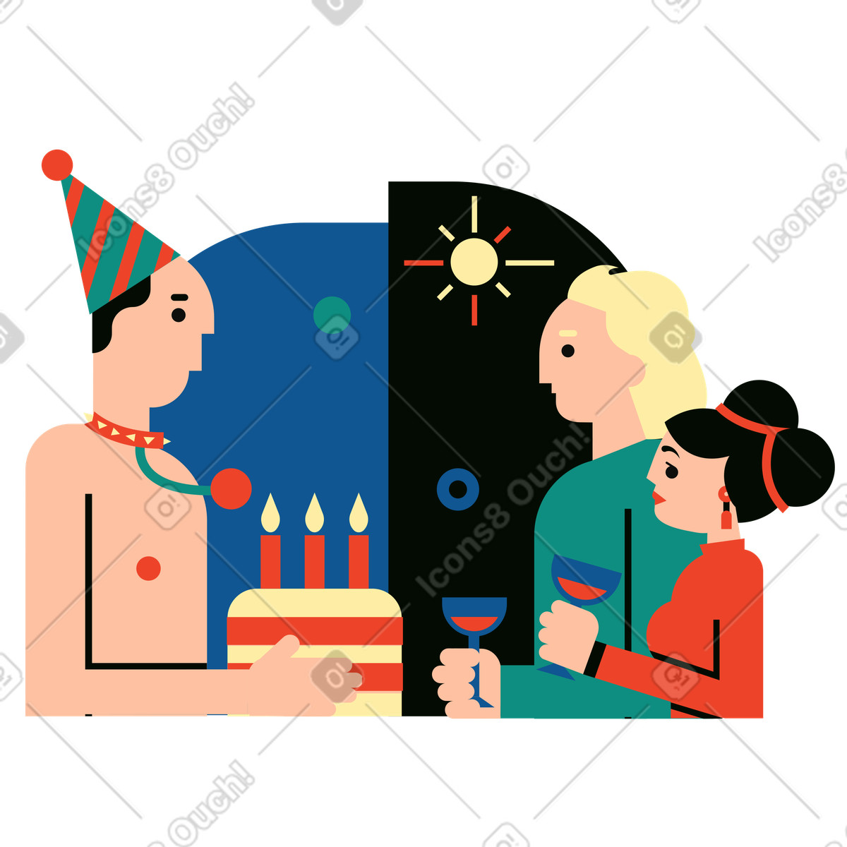 Ilustración Grupo de personas en una fiesta cumpleaños. estilo Polar a descargar PNG y SVG