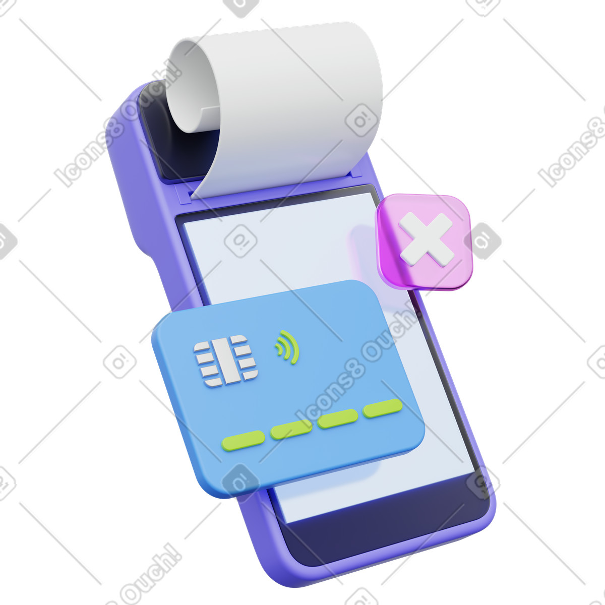 POS terminal card decline, Mobile receipt device with credit and pink cross, Payment refused alert illustrazione in stile 3D Playful scarica in PNG, SVG