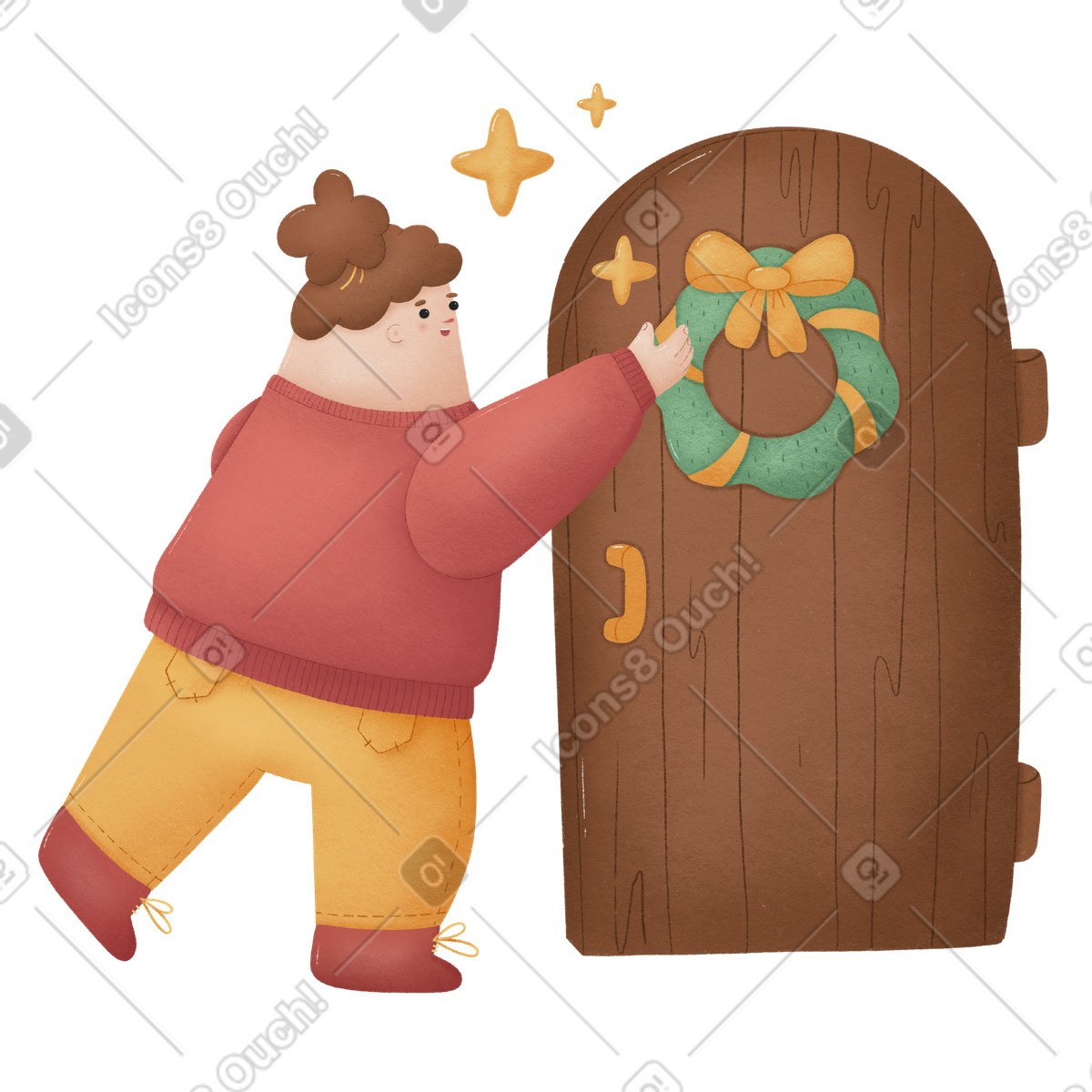 Donna che appende una ghirlanda di natale sulla grande porta legno marrone illustrazione in stile Woolly scarica in PNG, SVG