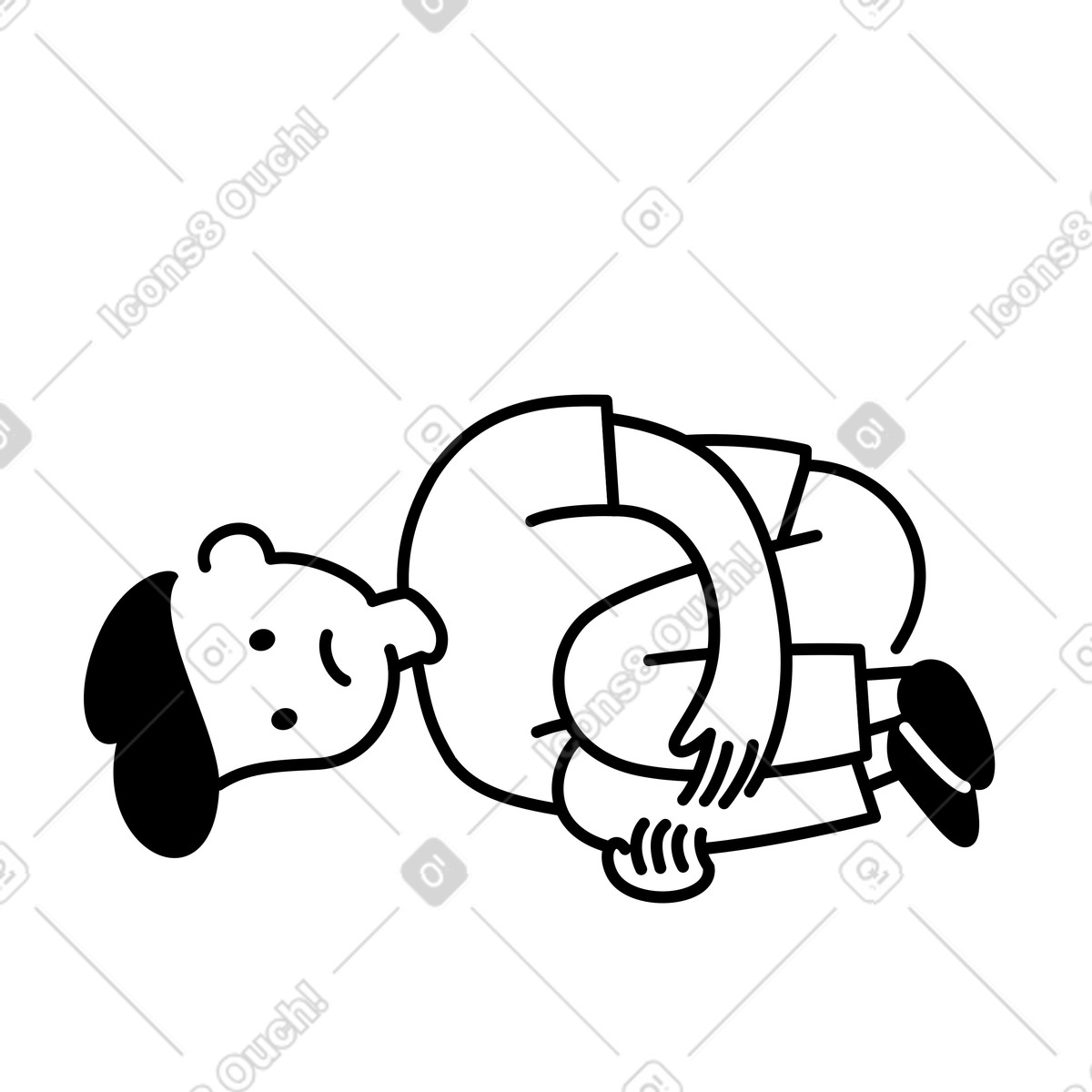 Illustration Character lying on floor holding knees expressing emotional distress dans le style Notion Line Art à télécharger aux formats PNG, SVG