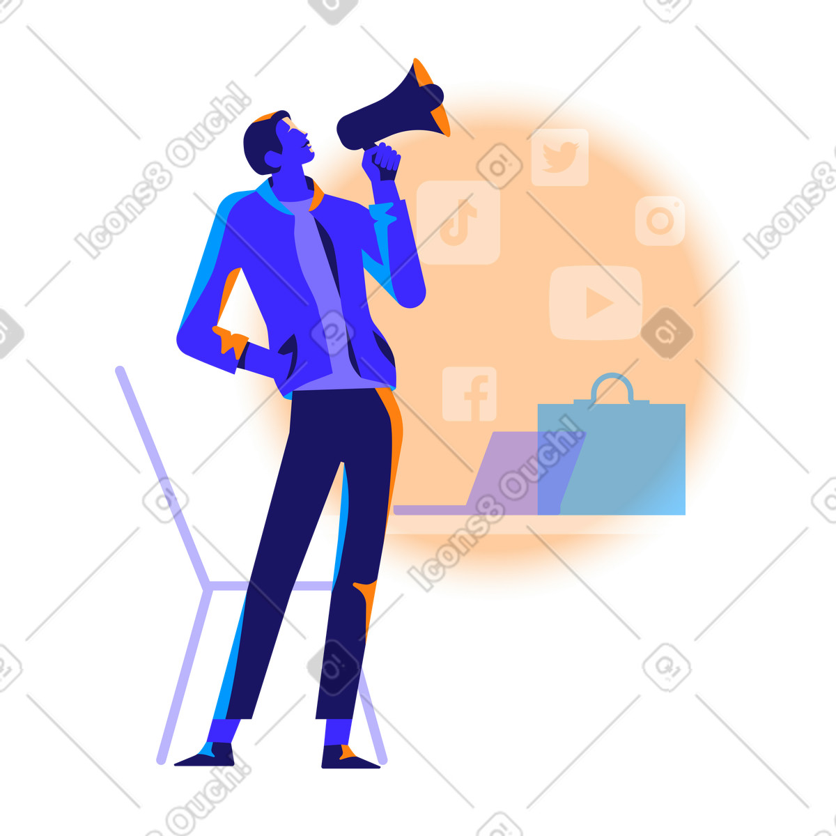 Worky スタイルの ソーシャル メディアでマーケティングを行う男性 のイラストをPNG、SVG形式でダウンロード