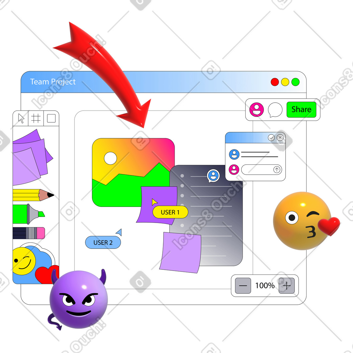 Illustration Plateforme de collaboration basée sur le cloud dans style Pop à télécharger aux formats PNG, SVG