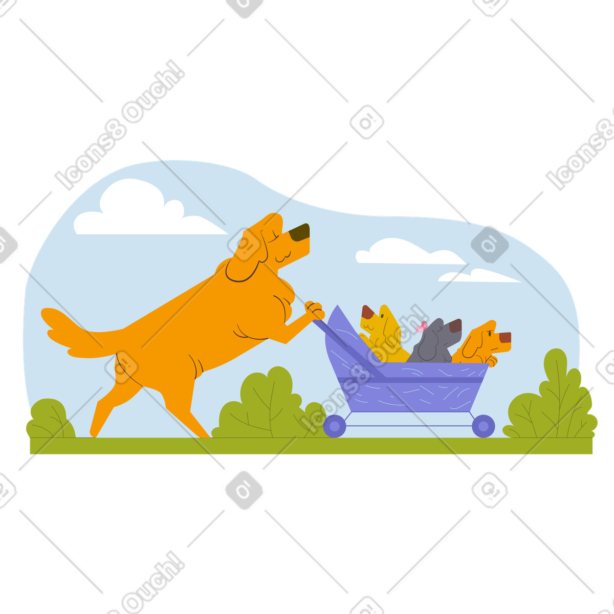 Ilustração de Cachorro com carrinho cheio filhotes em férias família no estilo Woof para baixar PNG, SVG