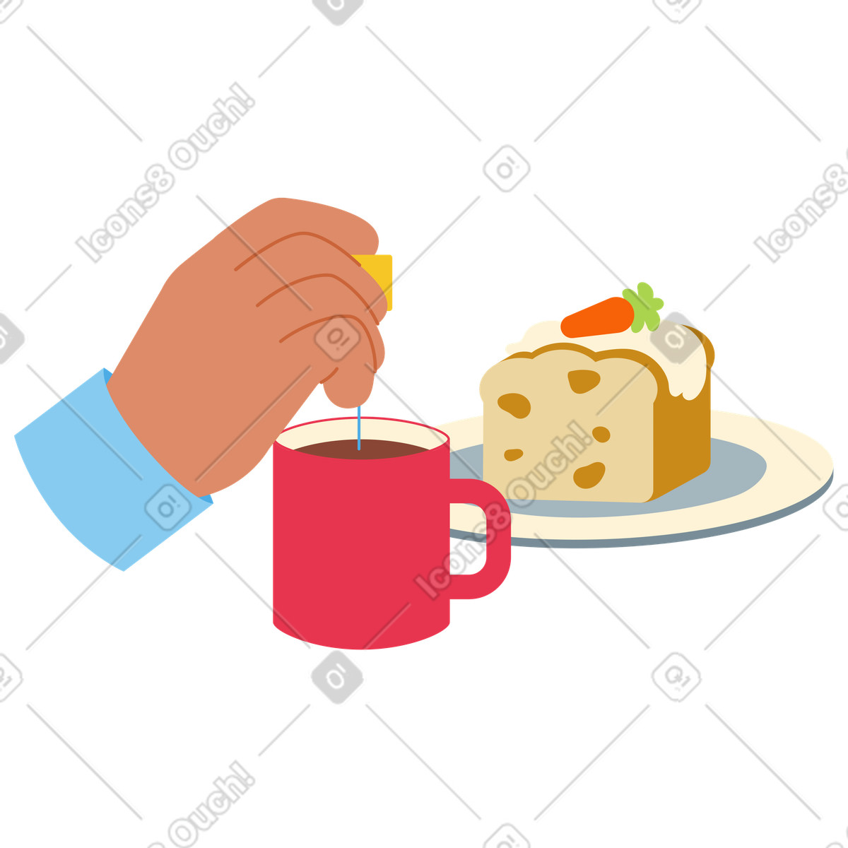 Teetasse mit karottenkuchen auf teller-Illustration im Catchy-Stil als Download in PNG, SVG