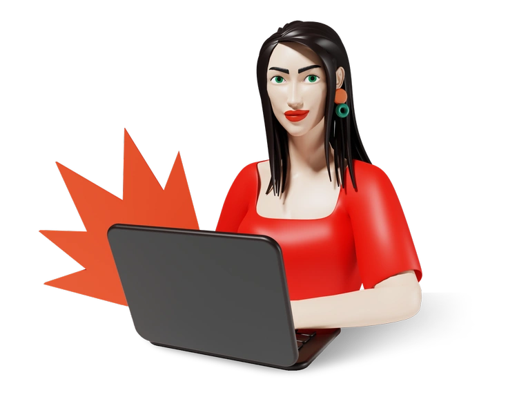 A woman typing on a laptop with a burst - 3D Plastic people style illustration