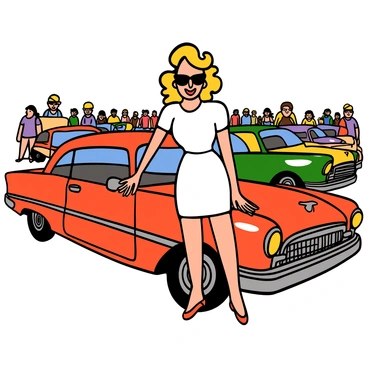 A light-skinned woman with blonde hair styled in soft curls is standing beside a shiny classic car at a vintage car show. She is wearing a fitted white dress that accentuates her curves, along with red lipstick and a pair of elegant sunglasses. The car is painted in a deep cherry red color, gleaming under the sunlight, with chrome accents that catch the eye. The background features a crowd of people admiring the vehicles, with colorful vintage cars lined up behind her. The woman is smiling as she gently touches the hood of the car, expressing admiration and joy.