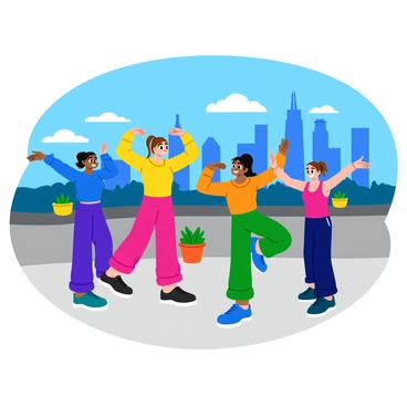 A group of four friends standing on a city rooftop, each with their arms outstretched in a circular motion as they perform arm circles. The friends are smiling and wearing colorful workout attire, showcasing a mix of bright blues, pinks, greens, and yellows. In the background, a vibrant skyline can be seen with tall buildings, including skyscrapers and modern architecture, against a clear blue sky. The rooftop features a few potted plants and a small railing, adding to the urban atmosphere of the scene.