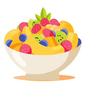 A colorful fruit salad featuring a variety of fruits, including bright yellow bananas, deep red strawberries, and plump blueberries. The salad is topped with fresh red raspberries and a sprig of green mint for added freshness. The bowl is filled with vibrant, diced pieces of kiwi and orange, creating a lively mix of colors and textures. The salad sits on a wooden table, enhancing its natural look.