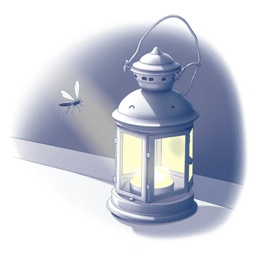 A detailed scene depicting a mosquito drawn toward an ornate lantern. The lantern features intricate metalwork and is illuminated, casting shadows on nearby surfaces. The mosquito is mid-flight, its wings slightly spread as it approaches the light source. The setting is nighttime, with hints of a dark sky in the background and a soft glow emanating from the lantern, creating a contrast with the surrounding darkness. The overall composition highlights the delicate nature of the mosquito in relation to the grandeur of the lantern.