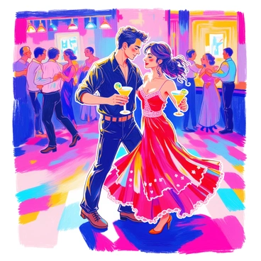 A couple is dancing salsa on a vibrant dance floor. The man is wearing a fitted black shirt and dark pants, while the woman is in a bright red dress that flows around her as she moves. They both have spicy margaritas in hand, the glasses adorned with a slice of lime on the rim. The dance floor is filled with colorful lights reflecting off the walls, creating an energetic atmosphere. Other couples can be seen dancing in the background, adding to the lively scene.