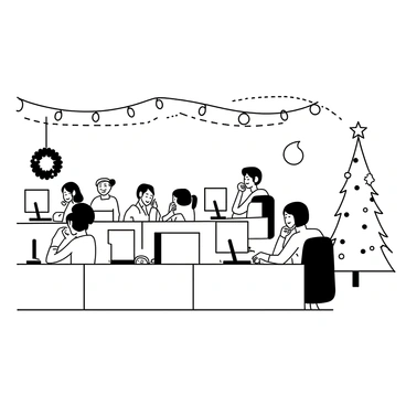 A call center with rows of desks, each equipped with a computer and a telephone. The walls are adorned with "festive holiday ornaments" such as garlands and wreaths. Strings of "lights" hang from the ceiling, illuminating the space. Employees are sitting at their desks, wearing headsets and engaging in conversations. Some are smiling while others focus on their screens. A large "Christmas tree" is placed in a corner, decorated with various ornaments and a star on top.