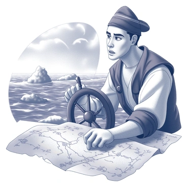A sailor with a determined expression is gripping the ship's wheel, focused on navigating through turbulent waves. The ocean is churning with high, frothy waves crashing against the sides of the vessel. The sailor is wearing weathered clothing, hinting at experience and resilience. Before him lies an open treasure map, the parchment slightly crumpled and marked with various symbols and routes. The ship's sails billow in the wind, and dark clouds loom ominously overhead, enhancing the sense of adventure and danger in the scene.
