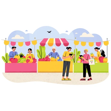 A lively farmers' market scene filled with colorful stalls. Each vendor showcases an array of fresh produce, such as bright red tomatoes, leafy green lettuces, and vibrant yellow peppers. The sellers are enthusiastic, engaging with customers as they offer samples of juicy fruits. A cheerful atmosphere surrounds the market, with shoppers carrying reusable bags filled with vegetables and fruits. A blue sky overhead enhances the lively vibe, and a few birds can be seen flying above the market. The ground is a mix of gravel and dirt, reflecting the outdoor setting.