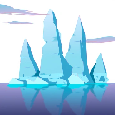 Icebergs floating on a calm sea, their surfaces glistening as the last light of day reflects off them. The sky above transitions from pale blue at the horizon to deep indigo higher up, with wispy clouds catching hints of orange and purple. The icebergs vary in size and shape, some towering with sharp peaks, while others are more rounded and fragmented. The scene conveys a sense of stillness, with gentle waves lapping at the bases of the ice formations.