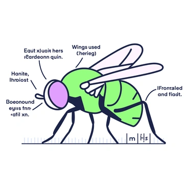 A detailed scientific illustration of a "fruit fly" is centered on a white background. The fruit fly is depicted in profile, showcasing its features such as large, multifaceted eyes, a segmented body, and delicate wings. Each body part, including the head, thorax, and abdomen, is labeled clearly. Small notations describe the function of each part, such as "wings used for flight" and "compound eyes for vision." The illustration includes a scale bar next to the fruit fly to indicate size. Additional annotations provide insights into the fly's habitat and lifespan, enhancing the educational aspect of the illustration.