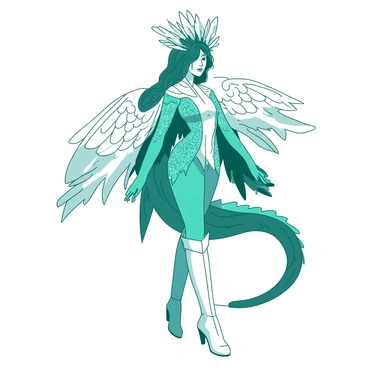 A vibrant costume that incorporates various mythical creature elements is displayed. The outfit features shimmering teal scales that resemble those of a dragon, interwoven with flowing white fabric that mimics the wings of a phoenix. Intricate silver patterns adorn the sleeves, creating a sense of grandeur. A headpiece made of delicate white feathers and a teal crown of leaves sits atop the model's head. The costume is completed with tall, white boots that add elegance to the overall appearance. Each element of the costume blends together to create a striking visual representation of fantasy.