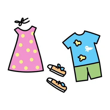 A collection of children's clothing displayed on a simple white background. The outfits include a red dress with yellow polka dots and a matching headband, a light blue shirt with playful animal graphics, and green shorts. There is a pair of bright orange sneakers with blue laces beside the outfits. Each piece is designed with bold colors and fun patterns aimed at attracting children's attention.