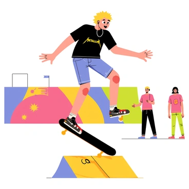 A young skater with short, tousled hair is performing tricks at a vibrant skate park. The skater is wearing a black "Metallica" shirt and denim shorts. They have earbuds in, suggesting they are listening to music. The skater is mid-air, executing an impressive ollie above a colorful ramp. In the background, there are graffiti-covered walls and other skaters observing the performance, adding to the lively atmosphere of the skate park.