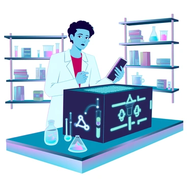 A scientist examining a black box with glowing symbols in a laboratory
