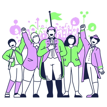 Sam Houston stands confidently at the center of a group of fellow patriots, each with expressions of joy and triumph. He is wearing a historical uniform with a jacket and trousers, and his posture displays leadership and pride. The patriots around him are raising their arms in celebration, some are holding flags, while others are clasping each other's shoulders. In the background, there are elements like a cheering crowd and a few trees, creating a sense of a lively atmosphere. The overall scene captures the spirit of camaraderie and victory.