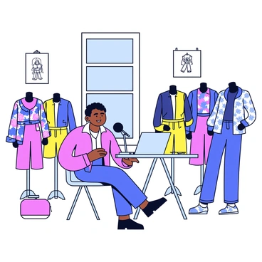 A fashion designer is sitting in a modern studio, wearing a stylish outfit. They are engaged in an interview, speaking into a microphone. Surrounding them are various clothing designs displayed on mannequins, showcasing vibrant fabrics and intricate patterns. There are sketches pinned on the walls, adding to the creative atmosphere. A large window lets in natural light, illuminating the scene.