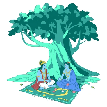 A teal banyan tree with thick, sprawling roots and lush leaves creates a tranquil setting. In front of the tree, "Maharaja Mahabali," wearing ornate royal attire with golden embellishments, is engaged in a friendly conversation with "Lord Krishna," who is adorned in vibrant blue robes with ornate jewelry. The two figures are seated on a richly patterned mat spread on the ground, surrounded by small colorful flowers. A gentle breeze rustles the leaves of the banyan tree as the sun casts soft shadows on the ground, enhancing the peaceful atmosphere of their meeting.