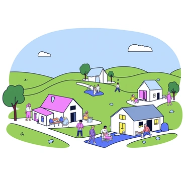 A rural village with quaint houses being built in various stages of construction. The houses are designed with simple shapes and a light color palette. Families are seen moving furniture into the homes, with children playing in the front yards. There are rolling green hills in the background, and trees scattered throughout the landscape. A clear blue sky is overhead, creating a bright and welcoming atmosphere.