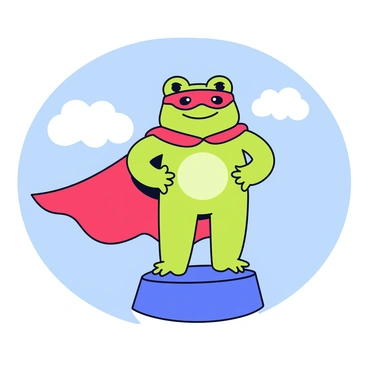 A cute frog with bright green skin is dressed in a superhero costume. The costume features a red cape that flows behind the frog and a matching mask that covers its eyes. The frog stands confidently on a small rock, with its hands on its hips, exuding a sense of determination. In the background, there is a clear blue sky dotted with fluffy white clouds. The scene conveys a playful, heroic mood as the frog prepares to save the day.