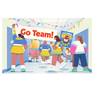 A group of cheerleaders is busy decorating a school hallway with colorful banners and posters. The cheerleaders have varying hairstyles, including ponytails and braids, and they are wearing matching uniforms in bright shades of blue and yellow. One cheerleader is holding a large banner with the words "Go Team!" written in bold, red letters. Another cheerleader is placing a poster on the wall that showcases the school mascot, a fierce-looking eagle with vibrant colors. Streamers in multiple colors hang from the ceiling, adding to the festive atmosphere. The hallway is well-lit, with lockers lining the sides, and students can be seen passing by, glancing at the decorations.