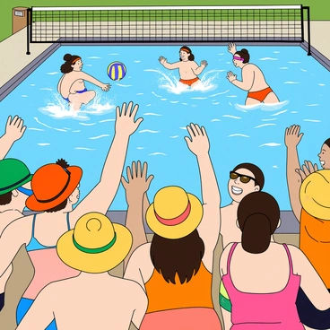 A group of excited spectators gathered at the poolside, displaying a variety of emotions. Some have raised their arms in enthusiasm, while others are smiling widely. They are wearing colorful summer attire, including bright swimsuits, vibrant hats, and sunglasses. Behind them, a clear blue pool is visible, with waves splashing as players engage in a thrilling pool volleyball match. The volleyball is in mid-air, and players can be seen jumping and diving for it, fully engaged in the game. Sunlight reflects off the water, creating a lively atmosphere.