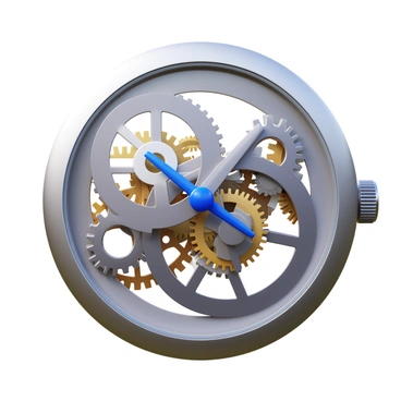 A close-up view of a mechanical watch featuring intricate exposed gears. The watch hands are in motion, indicating the passage of time. The gears exhibit detailed craftsmanship, with polished metal surfaces reflecting light. The watch casing is made of stainless steel, showcasing its elegant design. The background is softly blurred, emphasizing the watch's components.