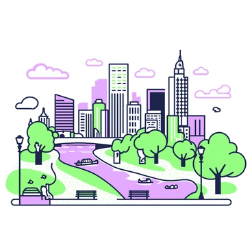 A cityscape featuring a variety of buildings arranged closely together. Skyscrapers reach towards the sky, showcasing numerous windows and antennas. In the foreground, there is a park with trees and benches, surrounded by cobblestone paths. A bridge arches over a winding river, with several boats floating below. Clouds drift lazily overhead, casting shadows over the scene. Streetlights line the sidewalks, and a few people walk along the pathways, adding life to the urban environment.