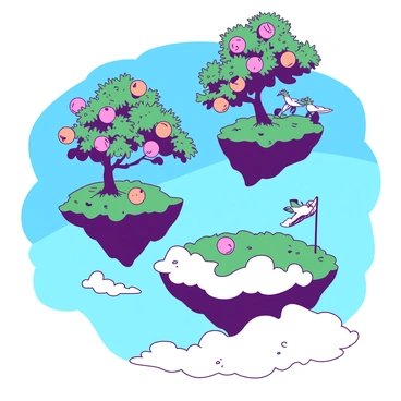 A surreal landscape showcases multiple floating islands suspended in a bright blue sky. Each island is adorned with vibrant trees that have thick trunks and lush green leaves. The trees are heavily laden with oversized fruits in shades of orange and pink, resembling giant peaches and mangoes. Below the islands, fluffy white clouds drift lazily, adding to the dreamlike atmosphere. The edges of the islands are gently illuminated, casting soft shadows on the clouds below.