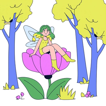A delicate fairy with translucent wings is sitting on a bright pink flower petal. The fairy has long, flowing hair that shimmers in shades of green and gold. The flower petal is gently cradled by a lush green leaf. Surrounding the flower are various small plants and soft grass, enhancing the scene. Sunlight filters through the trees, casting dappled light on the fairy and the petal. The background features blurred silhouettes of tall trees with vibrant green leaves.