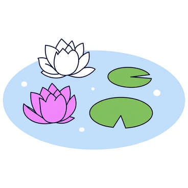 Lotus petals in shades of pink and white are floating gently on the surface of a clear pond. The water is smooth, reflecting the colors of the petals. Small ripples surround each petal, creating a sense of calm movement. Green lily pads are visible beneath some of the petals, adding contrast to the scene. A few small bubbles can be seen rising to the surface of the water.