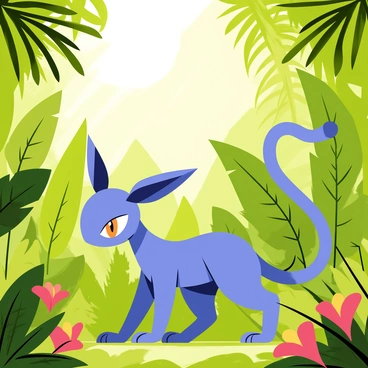 A sleek blue Greninja crouches low among vibrant green foliage in a dense jungle. Its large, pointed ears are perked up, attuned to the sounds of the environment. Sunlight filters through the thick canopy above, creating dappled patterns on the ground. Greninja's eyes are sharp and focused, scanning the surroundings for any movement. Around it, various plants with large leaves and colorful flowers add depth to the scene. The jungle is alive with the sounds of chirping birds and rustling leaves, enhancing the atmosphere of stealth and anticipation.