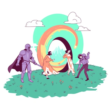 A vibrant swirling time travel portal appears in the center of a grassy field, emitting a mix of orange and teal light. Characters from different ages are stepping through the portal; a knight in shining armor with a sword, a Victorian lady in a flowing dress, and a futuristic astronaut in a sleek suit. The grassy field is dotted with wildflowers, and the sky above is clear with a few fluffy clouds. Each character displays curiosity and wonder as they emerge from the portal, creating a sense of adventure and exploration.
