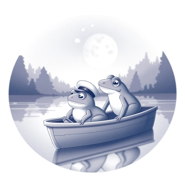 A small wooden boat floats gently on a calm body of water. Inside the boat, there is a frog wearing a tiny sailor's hat, sitting at the front, with a determined expression on its face. The toad, larger and with a slightly more relaxed demeanor, is positioned at the back of the boat, holding a small paddle. The water reflects the soft glow of the moonlight, illuminating the scene with a tranquil light. Surrounding the boat, the silhouettes of distant trees can be seen against the night sky. The moon, partially hidden by wispy clouds, casts delicate shadows across the boat and its occupants.