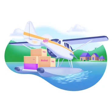 A seaplane landing on a lake to deliver medical supplies to a remote village
