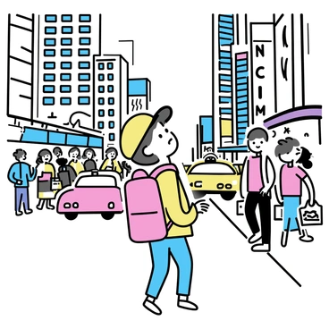 A child, wearing a red backpack and a yellow baseball cap, walks down a busy street in a bustling city. Skyscrapers tower above, their glass windows reflecting the bright lights of neon signs. The child is looking up in awe, surrounded by crowds of people, some holding shopping bags. Colorful taxi cabs are driving by, and street vendors are selling snacks along the sidewalk. The atmosphere is lively, with street performers showcasing their talents nearby.