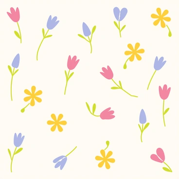 A collection of flowers arranged in a repeating pattern, featuring petals in soft pastel shades of pink, yellow, blue, and lavender. Each flower has a distinct shape, with some having rounded petals while others have elongated, pointed ones. The background is a subtle light cream color, allowing the floral designs to stand out. The flowers are interconnected with delicate green stems and small leaves, creating a cohesive and harmonious composition throughout the image.